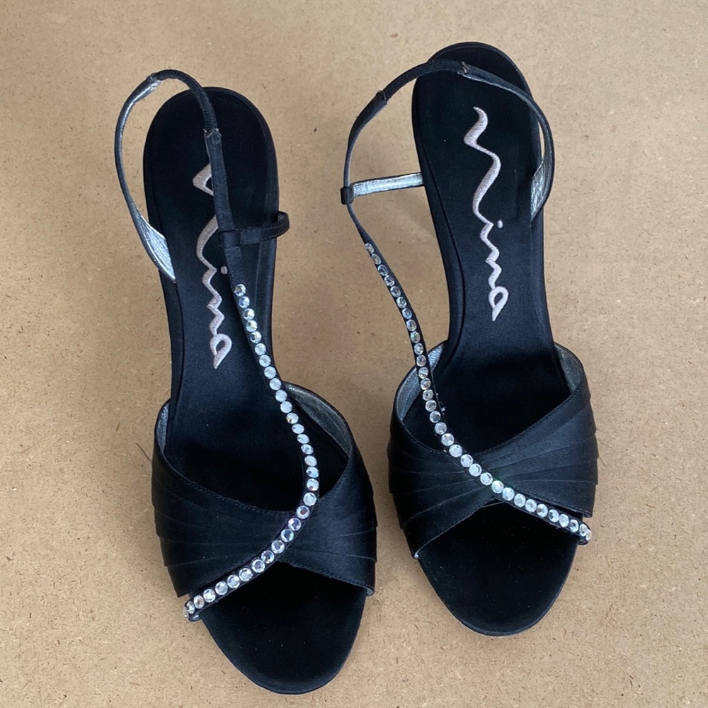Nina Leather Sole Satin Fabric Upper with Diamonds Detail. Size 8